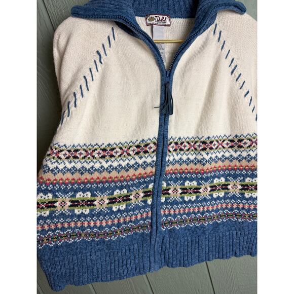Vintage Tiara International Zip Up Sweater Fair Isle Knit Nordic Blue Floral XL - Picture 4 of 7